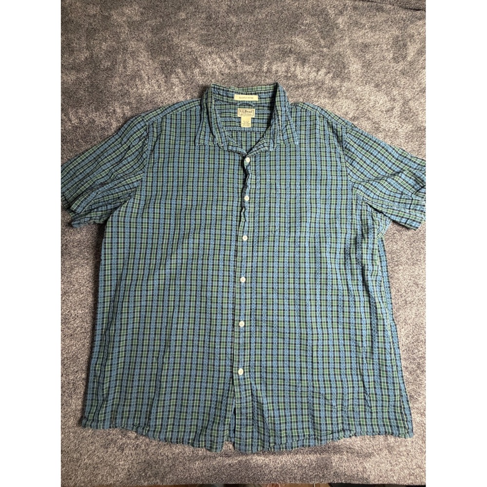 LL Bean Mens XXL Blue Green Plaid Short Sleeve Button Down Shirt 501958